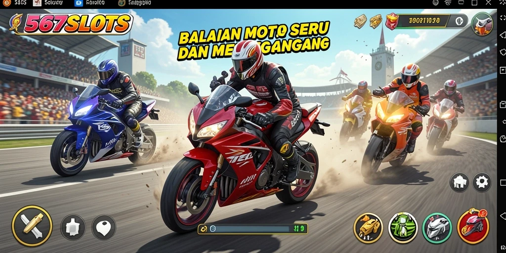 Screenshot 567SLOTS menampilkan balapan motor yang intens dan menegangkan.
