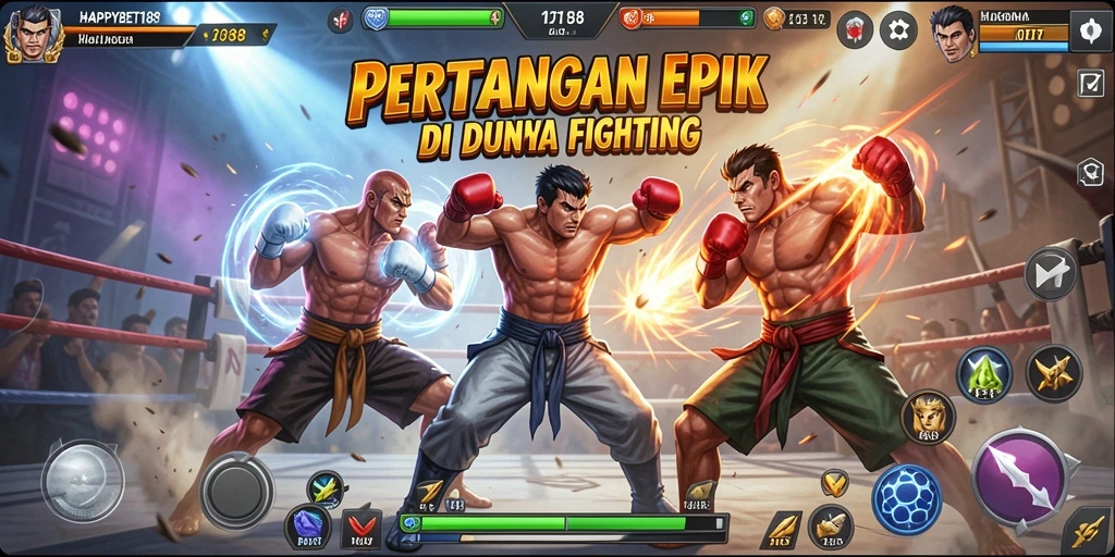 Tangkapan layar menunjukkan pertarungan epik dalam HAPPYBET188 dengan karakter yang dinamis.