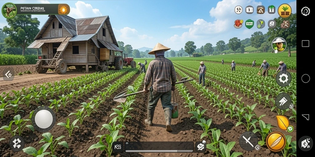 Tampilan gameplay RK55 yang menarik dengan berbagai aktivitas bertani.