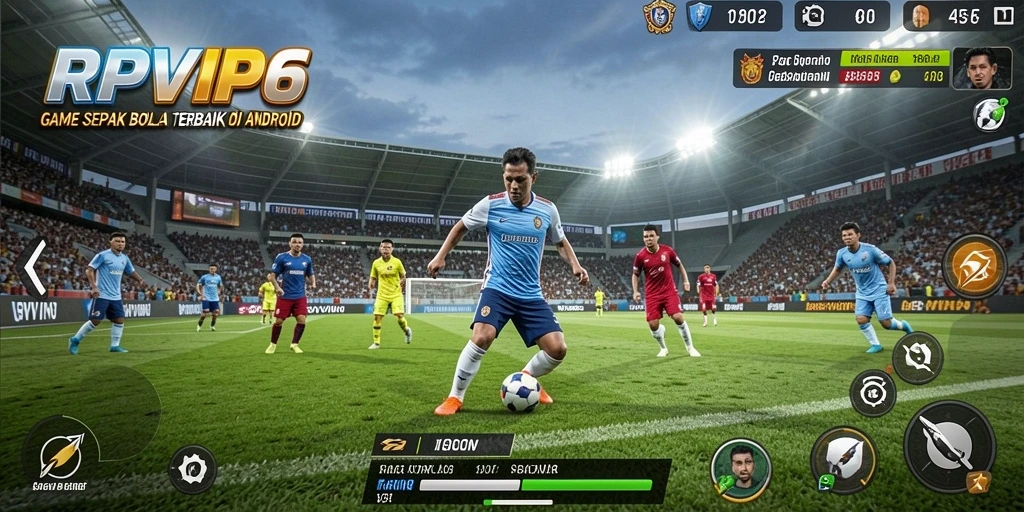 Screenshot gameplay RPVIP6 menampilkan aksi seru di lapangan sepak bola.